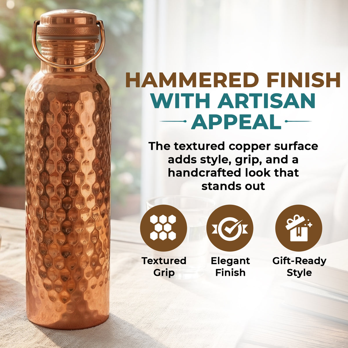 A hammered copper water bottle with a loop handle, shown on a tabletop with promotional text and feature icons on the right. The text reads 'HAMMERED FINISH WITH ARTISAN APPEAL' and highlights a textured grip, elegant finish, and gift-ready style.