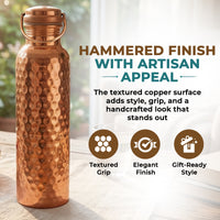 A hammered copper water bottle with a loop handle, shown on a tabletop with promotional text and feature icons on the right. The text reads 'HAMMERED FINISH WITH ARTISAN APPEAL' and highlights a textured grip, elegant finish, and gift-ready style.
