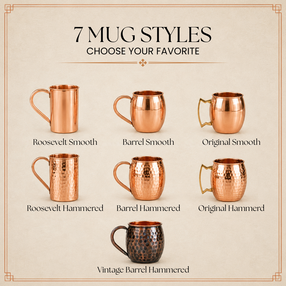 A product information graphic showing seven copper-toned mug styles with labels: Roosevelt Smooth, Barrel Smooth, Original Smooth, Roosevelt Hammered, Barrel Hammered, Original Hammered, and Vintage Barrel Hammered. The text reads '7 MUG STYLES CHOOSE YOUR FAVORITE' on a beige background with a decorative border.