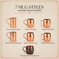 A product information graphic showing seven copper-toned mug styles with labels: Roosevelt Smooth, Barrel Smooth, Original Smooth, Roosevelt Hammered, Barrel Hammered, Original Hammered, and Vintage Barrel Hammered. The text reads '7 MUG STYLES CHOOSE YOUR FAVORITE' on a beige background with a decorative border.