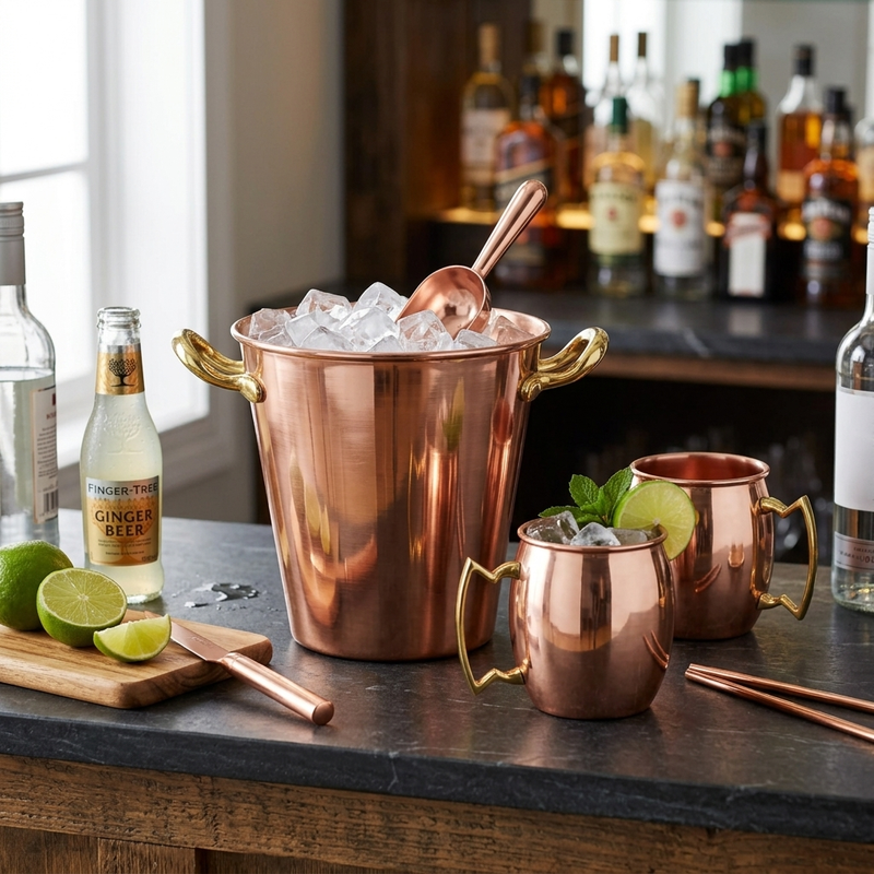 A smooth copper ice bucket with gold handles and a spoon, filled with ice alongside matching copper mugs.