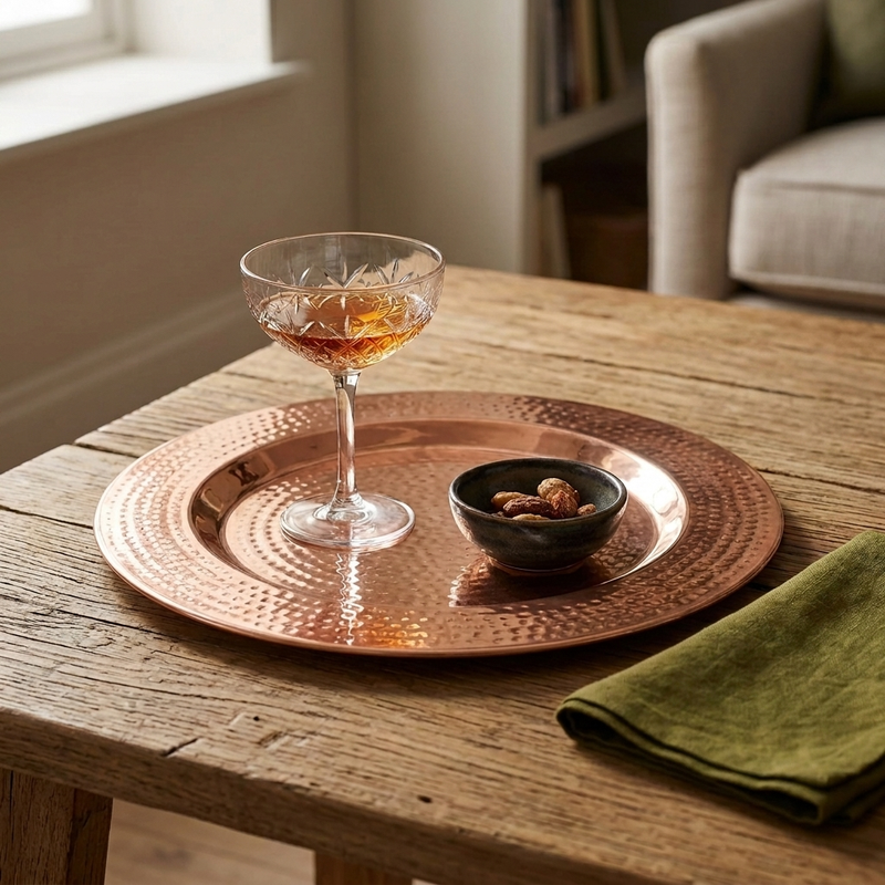Copper charger plate or tray on coffee table with wine glass and bowl of nuts.