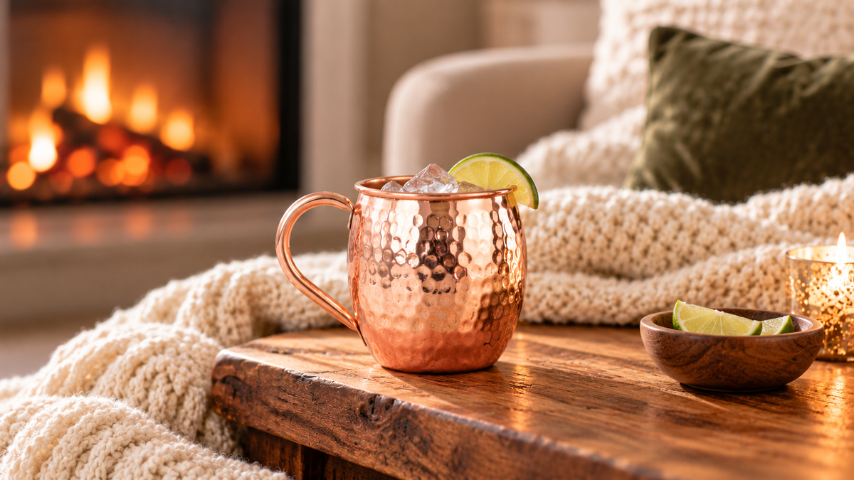 Image of a barrel shaped copper mug in front of a fireplace with a cozy blanket