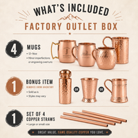 Promotional graphic for a copper mug factory outlet box, showing four copper mugs, a bonus item, and four copper straws on a beige background with text detailing the included items.