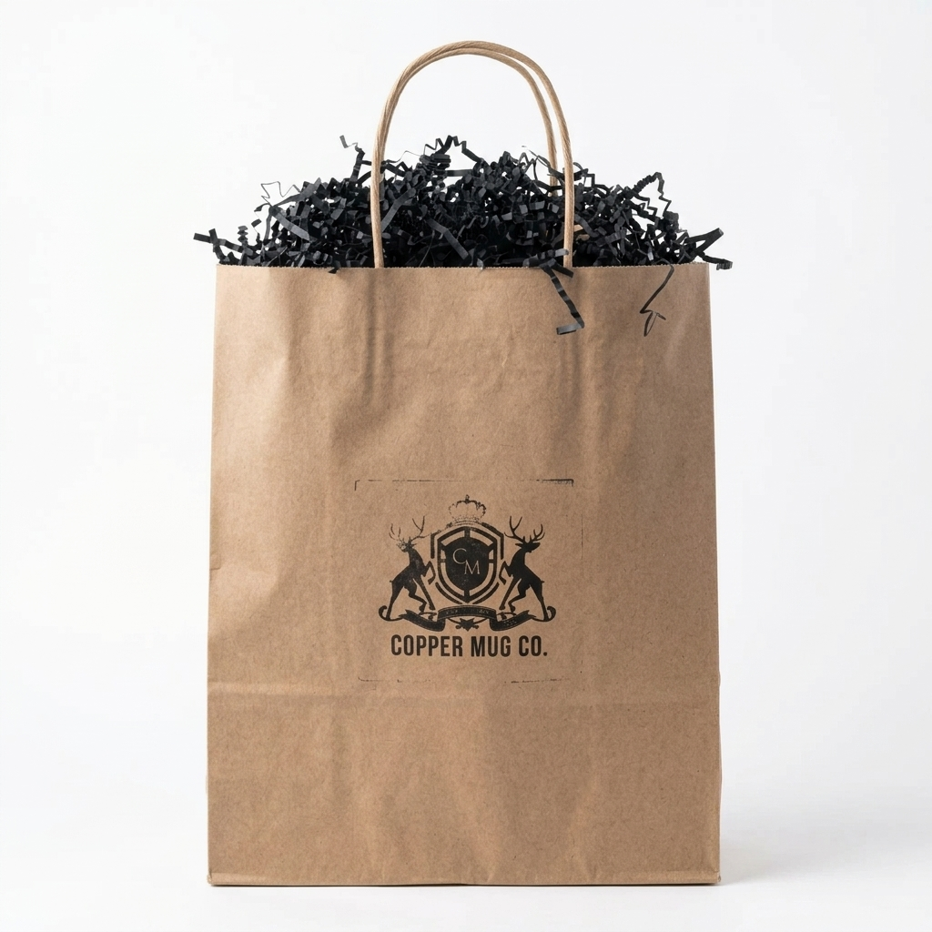 A brown kraft paper gift bag with paper handles, filled with black shredded paper.