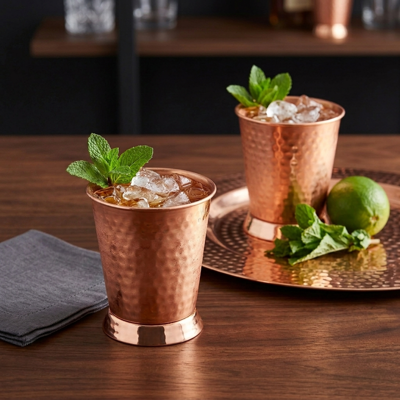 Two hammered copper julep tumblers filled with ice and mint, set on a wooden table.