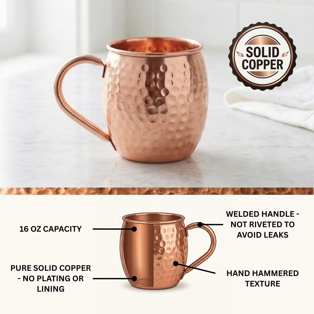 A hammered copper mug with a welded handle, shown in a top photo on a light marble surface with a 'Solid Copper' badge, and a bottom photo with callout labels describing 16 oz capacity, pure solid copper, no plating, and hand hammered texture.
