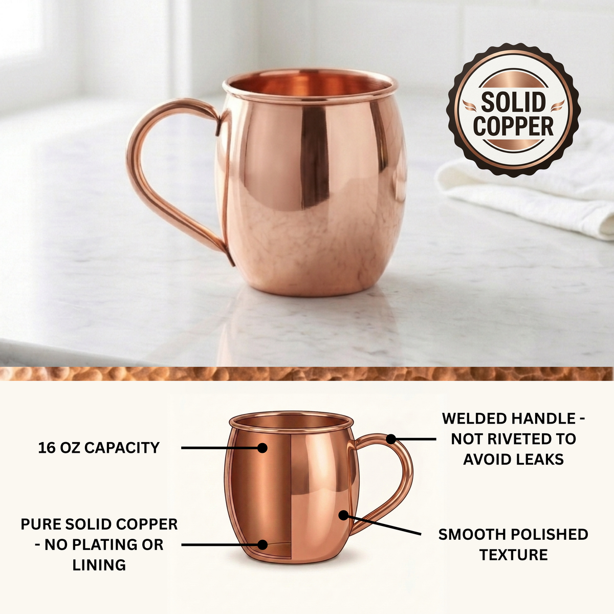 A polished copper Moscow Mule mug shown on a light marble surface, with a circular 'Solid Copper' badge in the top right and callout labels below describing features like 16 oz capacity, welded handle, and solid copper finish.