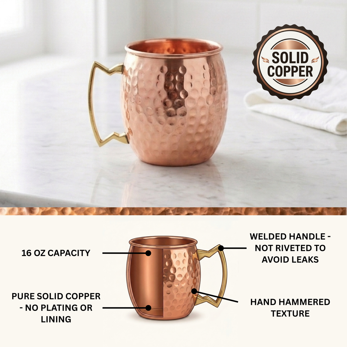 A hammered copper Moscow mule mug with a gold-toned handle, shown on a light marble surface with a 'Solid Copper' badge. The lower half includes a labeled diagram explaining the mug's features: 16 oz capacity, pure solid copper, no plating or lining, and a welded handle.