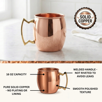 A polished copper Moscow mule mug with a decorative gold-toned handle, shown on a light marble surface with a 'Solid Copper' badge. The lower section is an informational diagram with callouts about 16 oz capacity, welded handle, pure solid copper, and smooth polished texture.