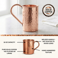 A hammered copper mug shown in a two-panel product graphic. Information shows no plating, hammered texture, welded handled and 16oz capacity