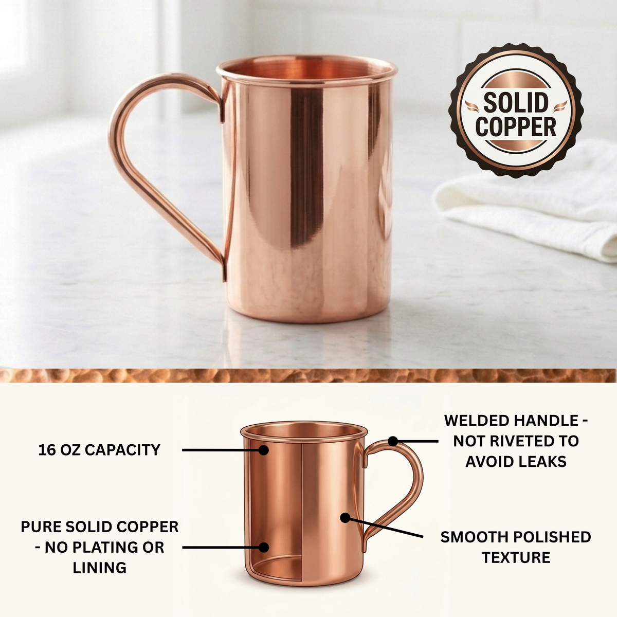 A polished copper Moscow Mule mug shown on a light marble surface, with a 'SOLID COPPER' badge in the top right and a lower diagram showing product features like 16 oz capacity, welded handle, and pure solid copper lining. 