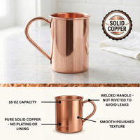 A polished copper Moscow Mule mug shown on a light marble surface, with a 'SOLID COPPER' badge in the top right and a lower diagram showing product features like 16 oz capacity, welded handle, and pure solid copper lining. 