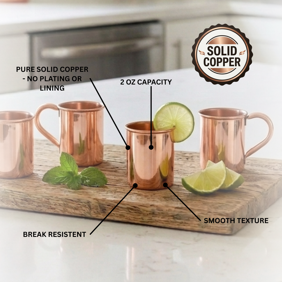 Four copper mini Moscow mule cups arranged on a wooden board with lime slices and mint, overlaid with callout labels describing the product features, plus a circular 'Solid Copper' badge.