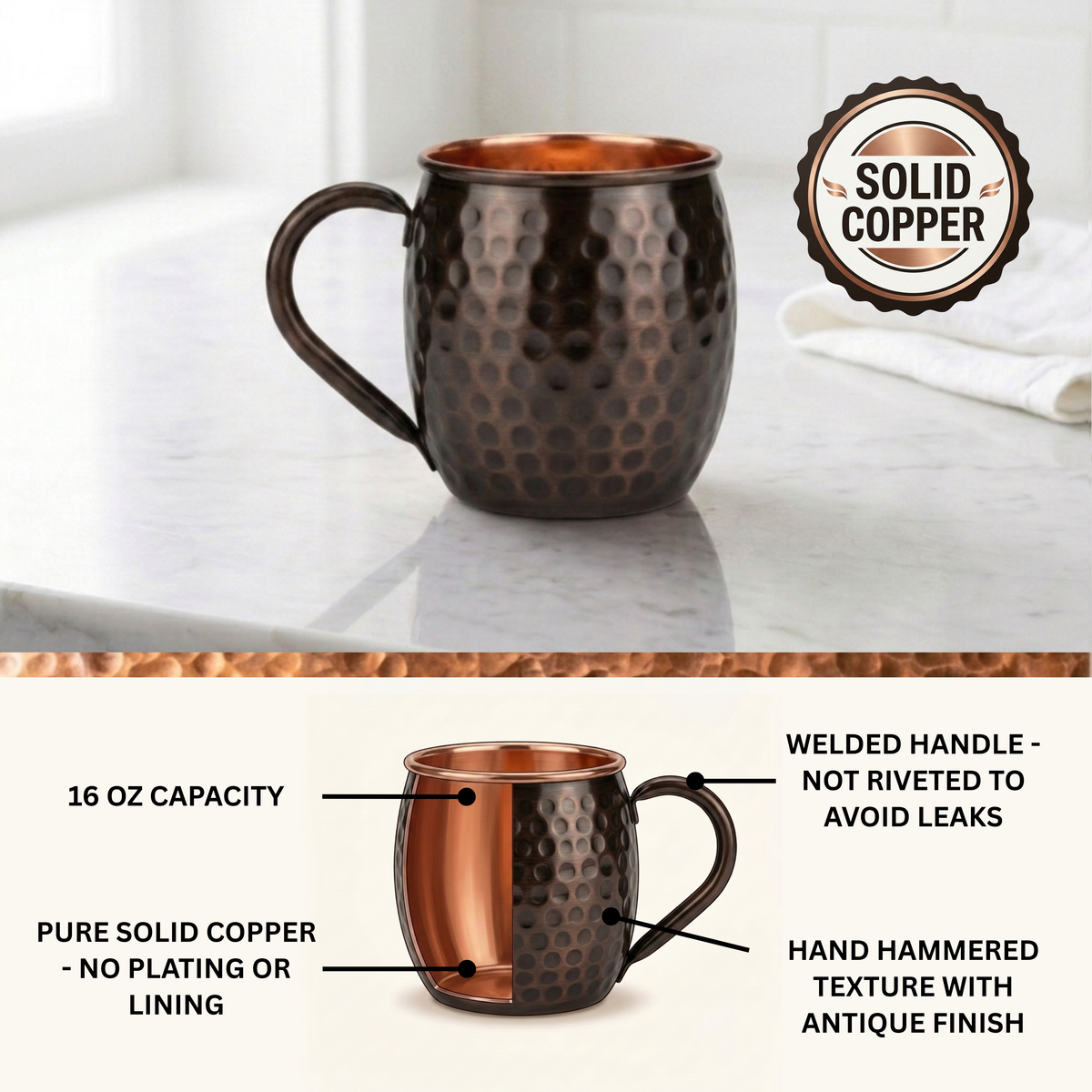 Solid copper dark hammered mug with a welded handle, shown on a light marble countertop with a 'Solid Copper' badge, plus a lower diagram labeled with features like 16 oz capacity and hand hammered texture.