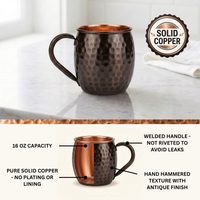 Solid copper dark hammered mug with a welded handle, shown on a light marble countertop with a 'Solid Copper' badge, plus a lower diagram labeled with features like 16 oz capacity and hand hammered texture.