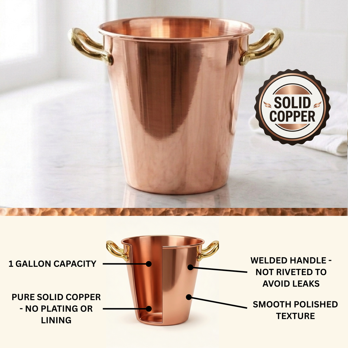 A polished copper ice bucket with two gold-toned handles, shown on a light marble surface with a 'Solid Copper' badge. The lower section includes a labeled diagram highlighting features such as 1 gallon capacity, pure solid copper, welded handles, and a smooth polished texture.