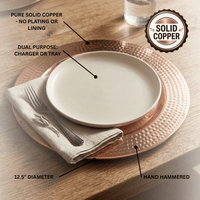 Copper charger plate with dinner plate on top. Overlaying text stating pure copper, charger or tray, hand hammered and 12.5" diameter.