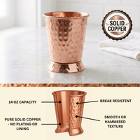 A hammered solid copper julep tumbler shown on a light marble surface with a circular 'Solid Copper' badge and a lower diagram with callouts about 14 oz capacity, break resistance, and hammered/smooth texture.