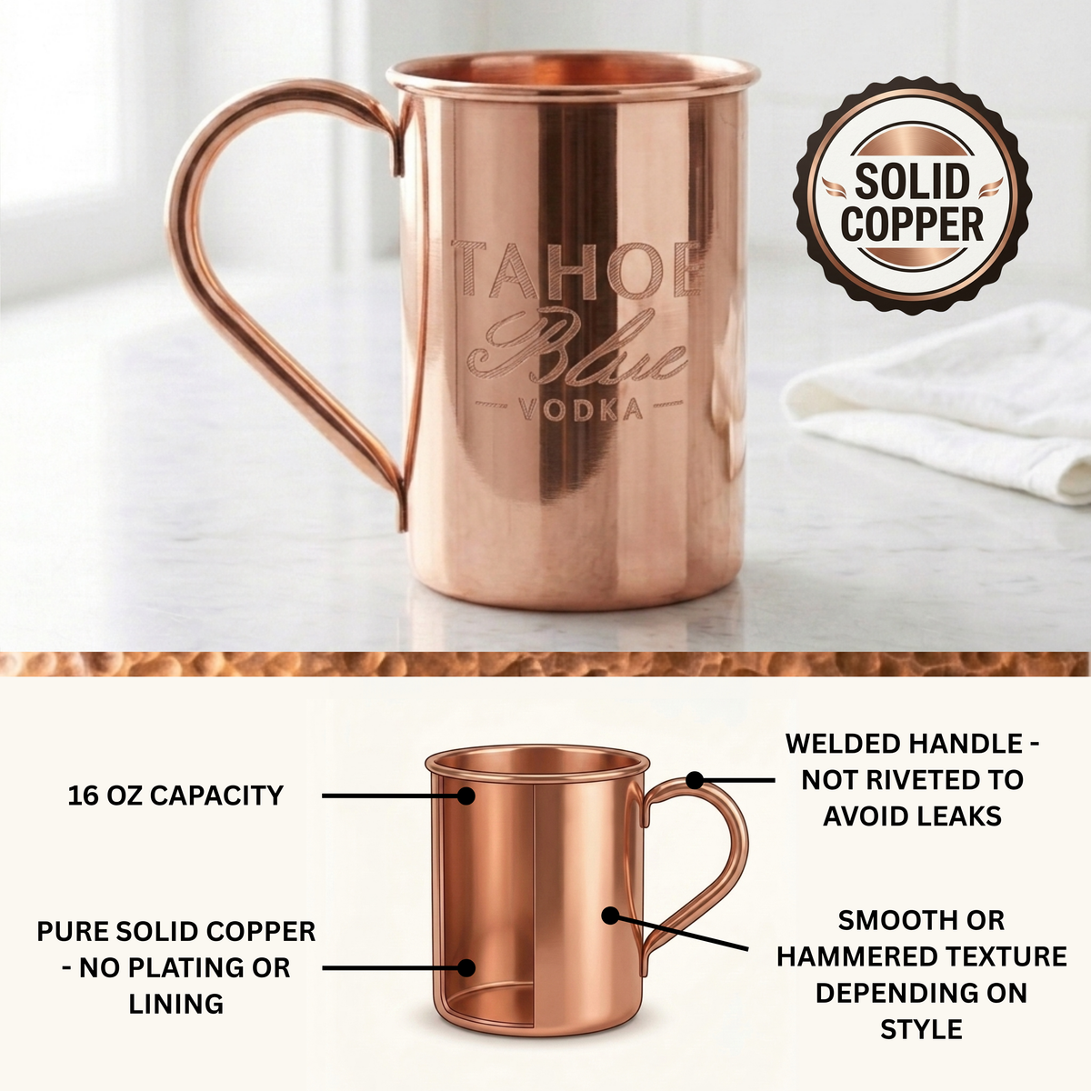 A polished solid copper Moscow mule mug with 'Tahoe Blue Vodka' engraved on the front. The bottom calls our 16oz capacity, pure copper, welded handle and smooth or hammered texture.
