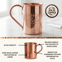 A polished solid copper Moscow mule mug with 'Tahoe Blue Vodka' engraved on the front. The bottom calls our 16oz capacity, pure copper, welded handle and smooth or hammered texture.