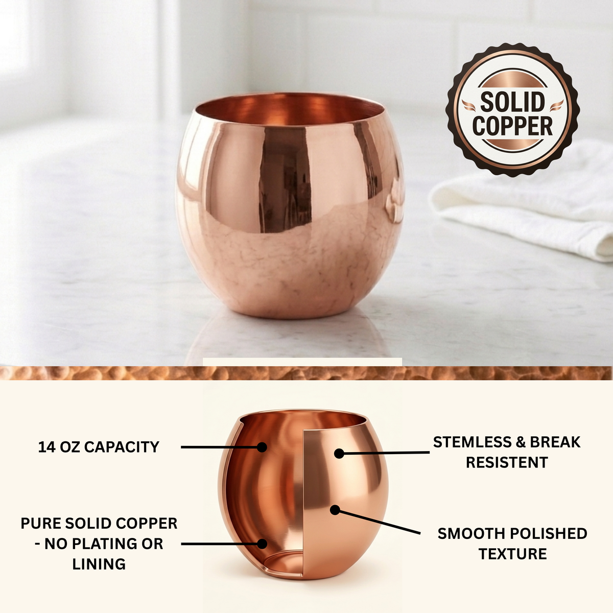 A polished solid copper roly poly whiskey cup shown on a light marble surface, with a circular badge reading 'SOLID COPPER' and a lower inset showing callout labels about 14 oz capacity, stemless break resistance, pure solid copper, and smooth polished texture.