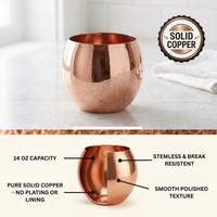 A polished solid copper roly poly whiskey cup shown on a light marble surface, with a circular badge reading 'SOLID COPPER' and a lower inset showing callout labels about 14 oz capacity, stemless break resistance, pure solid copper, and smooth polished texture.