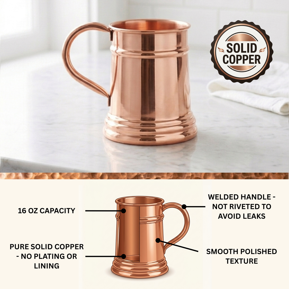 A polished solid copper stein mug with a ribbed base and curved handle, shown on a light marble countertop with a 'Solid Copper' badge. A lower panel includes callout labels describing 16 oz capacity, welded handle, pure solid copper, and smooth polished texture.