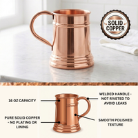 A polished solid copper stein mug with a ribbed base and curved handle, shown on a light marble countertop with a 'Solid Copper' badge. A lower panel includes callout labels describing 16 oz capacity, welded handle, pure solid copper, and smooth polished texture.