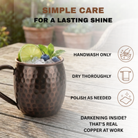A hammered copper mug with dark lacquer finish filled with ice on a wooden table outdoors with text and care icons explaining how to maintain the mug's shine.