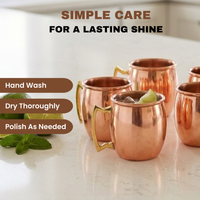 A set of mini 2oz copper Moscow Mule mugs with gold-tone handles arranged on a light countertop, with text reading 'SIMPLE CARE FOR A LASTING SHINE' and care instructions on the left.