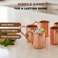 A set of mini copper Moscow Mule mugs on a light marble countertop with a lime wedge in the front mug. Text overlays read 'SIMPLE CARE FOR A LASTING SHINE' and 'Hand Wash Dry Thoroughly Polish As Needed'.