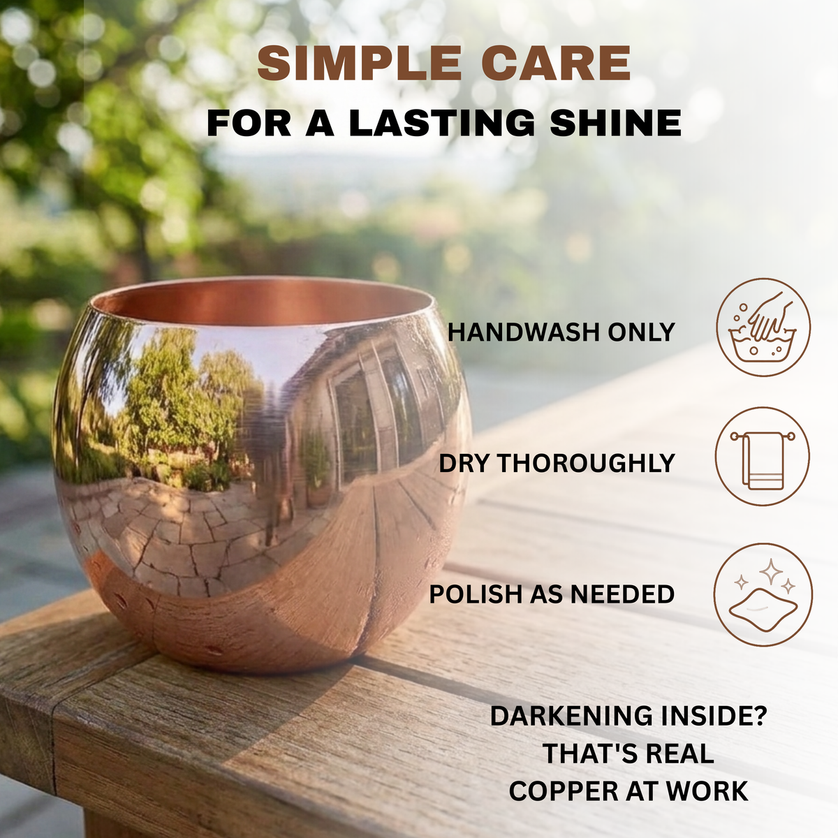 A copper roly poly whiskey cup sits on a wooden table outdoors, with text reading 'SIMPLE CARE FOR A LASTING SHINE' and care icons on the right. 