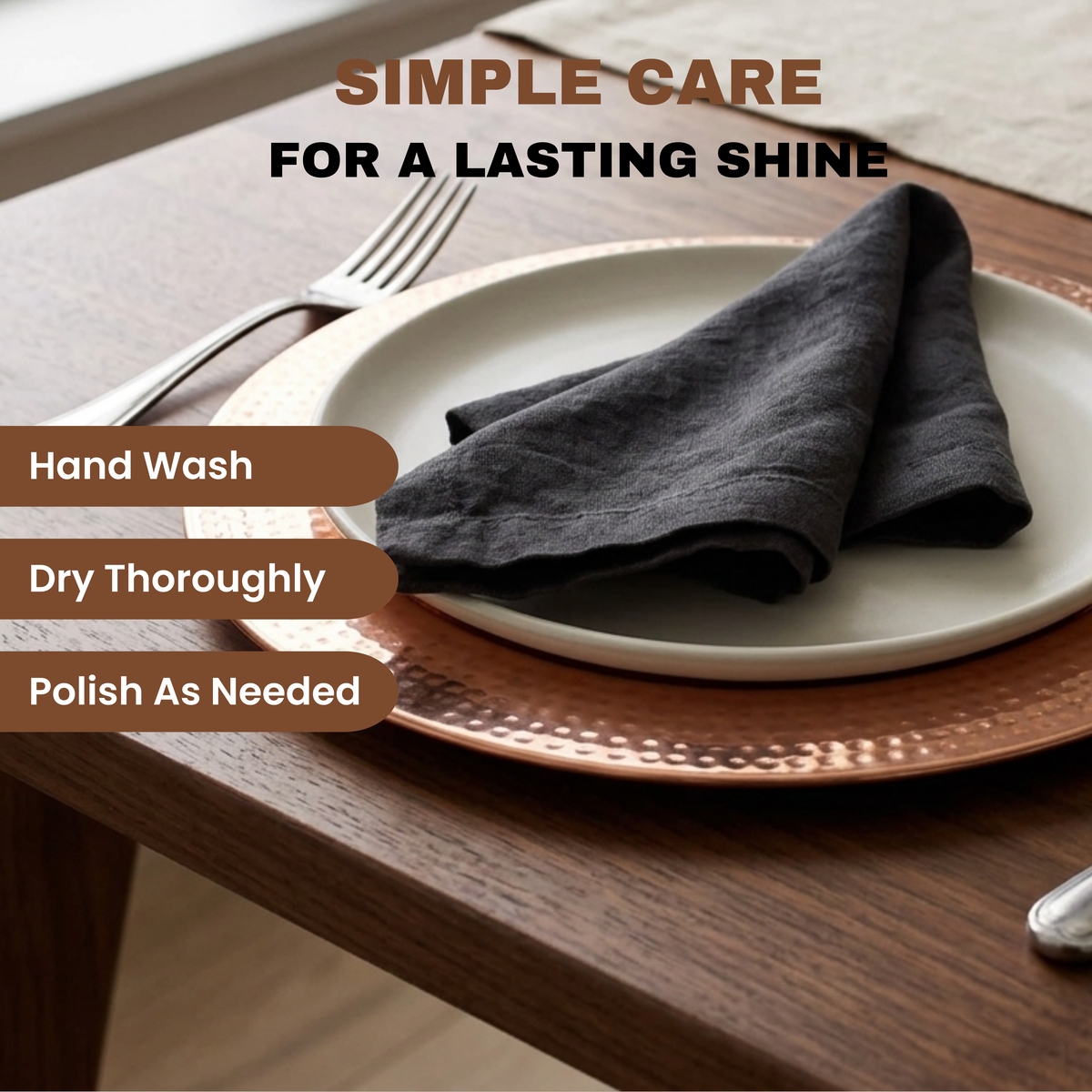 Copper charger plate with hammered detail. Information overlay stating hand wash, dry thoroughly and polish as needed.