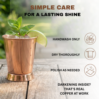 A copper julep cup with a mint sprig and lime garnish on a wooden surface, with text and icons explaining simple care instructions: handwash only, dry thoroughly, polish as needed, and darkening inside is real copper at work.