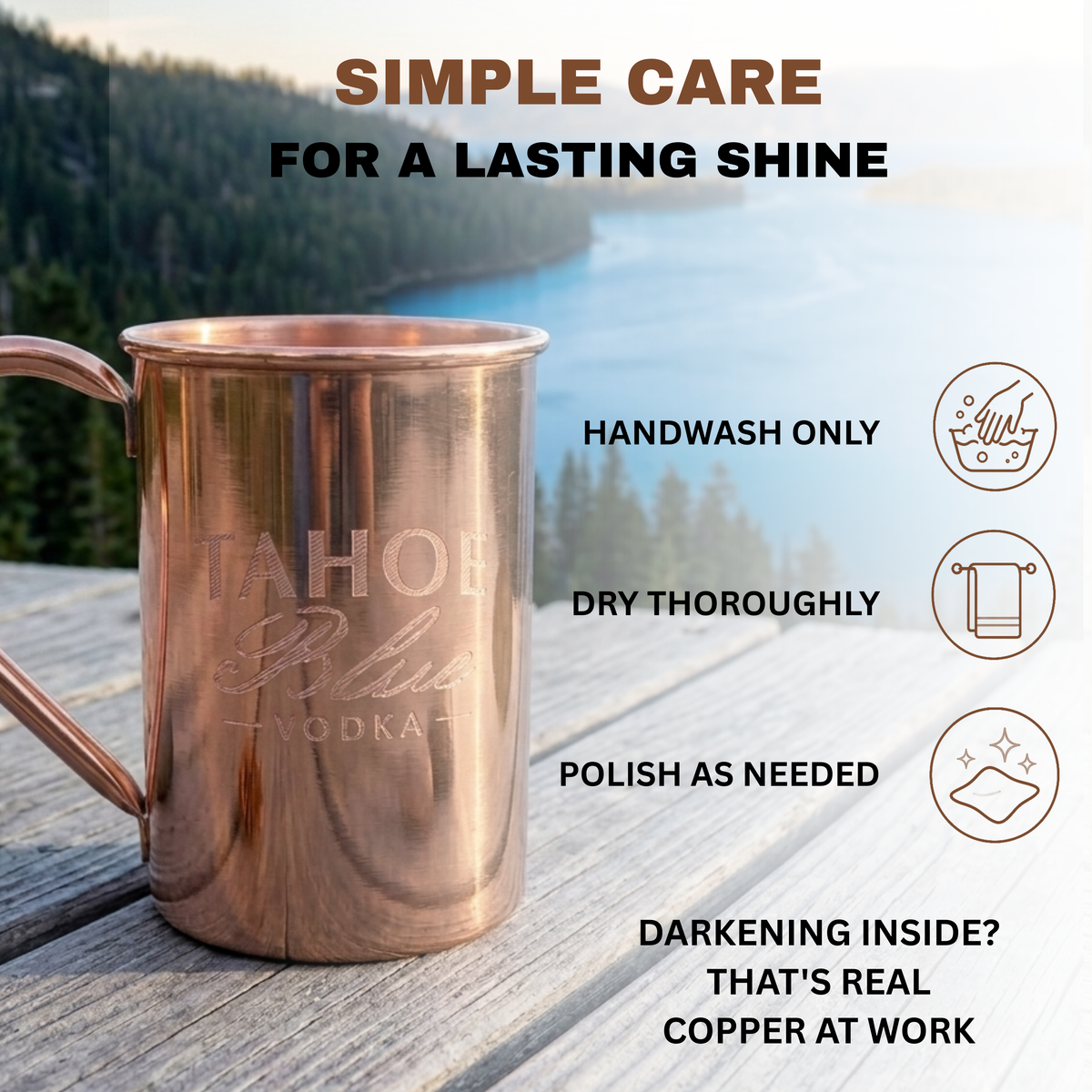 A copper Moscow Mule mug with etched 'Tahoe Blue Vodka' branding sits on a wooden deck. Text reads 'SIMPLE CARE FOR A LASTING SHINE' with care instructions.