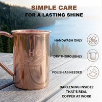 A copper Moscow Mule mug with etched 'Tahoe Blue Vodka' branding sits on a wooden deck. Text reads 'SIMPLE CARE FOR A LASTING SHINE' with care instructions.