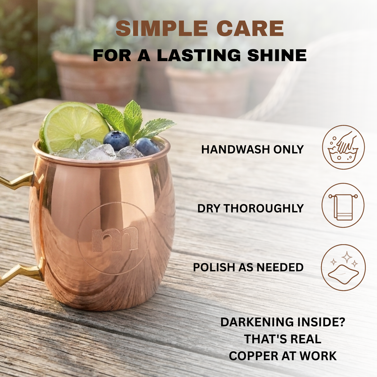 A copper Moscow mule mug filled with ice, lime, and blueberries on a wooden table, with care instructions overlaid stating handwash, dry, and polish.