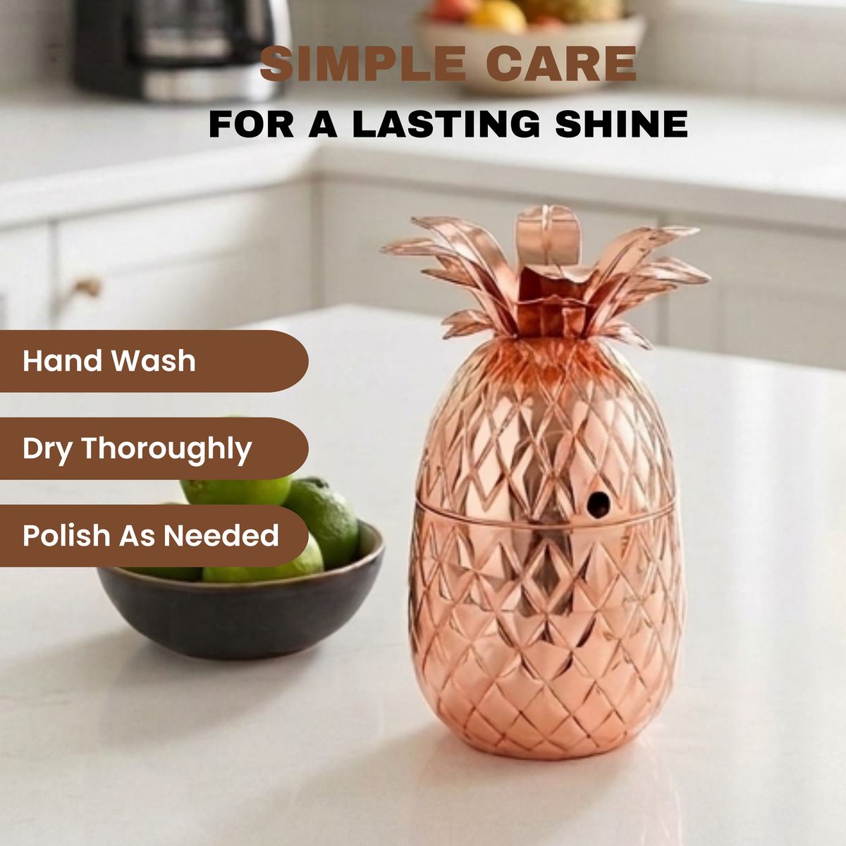 Copper pineapple shaped cup sitting on counter in bright kitchen.