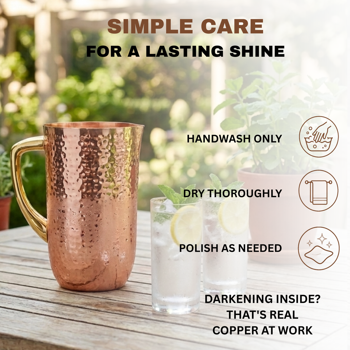 A hammered copper pitcher with a gold-toned handle sits on a wooden table. Text on the image reads 'SIMPLE CARE FOR A LASTING SHINE' with care instructions and icons.