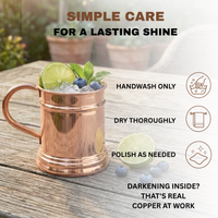 A copper stein mug with a handle sits on a wooden table outdoors. Text overlays explain simple care instructions: 'Handwash only,' 'Dry thoroughly,' and 'Polish as needed,' with additional text about darkening on the inside.