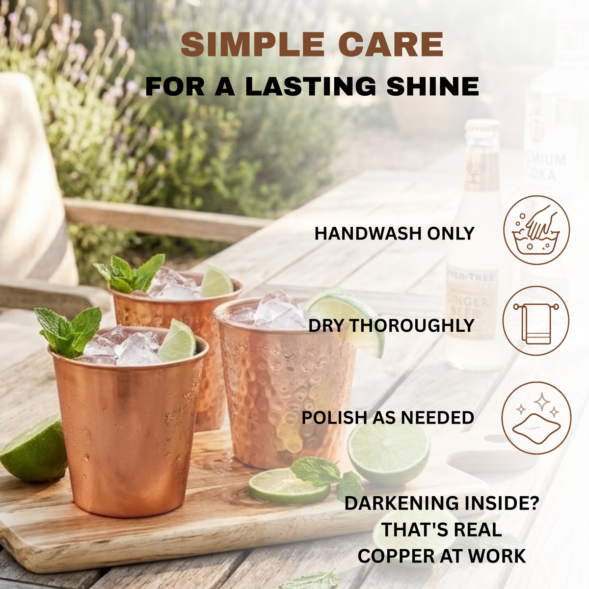 Three copper tumbler cups filled with ice and lime on a wooden tray, with overlaid text reading 'SIMPLE CARE FOR A LASTING SHINE' and care instructions.