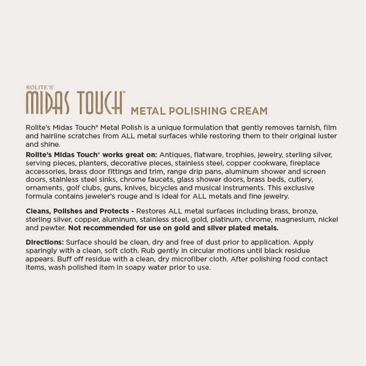 A text-based product information card for Roilite's Midas Touch Metal Polishing Cream, detailing the application directions, and compatible metal surfaces.