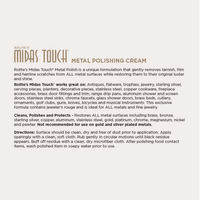 A text-based product information card for Roilite's Midas Touch Metal Polishing Cream, detailing the application directions, and compatible metal surfaces.