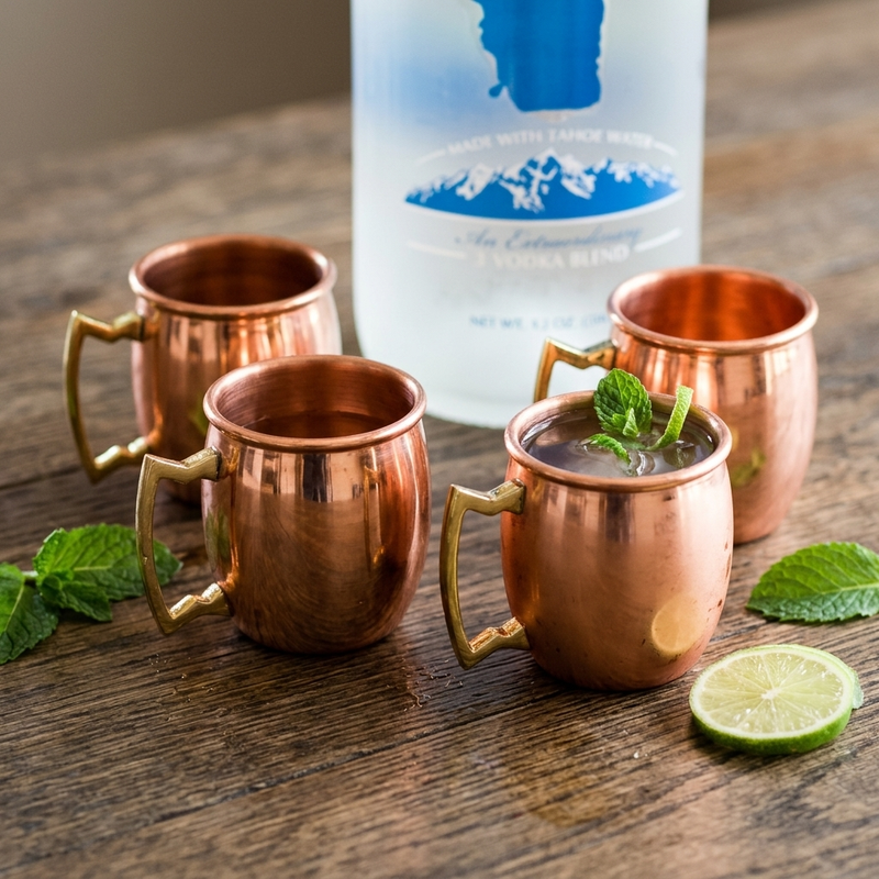 Four mini 2oz copper Moscow mule cups with gold-toned handles arranged on a rustic wooden table, with mint leaves and a lime slice around them. A frosted bottle with a blue mountain logo stands blurred in the background.