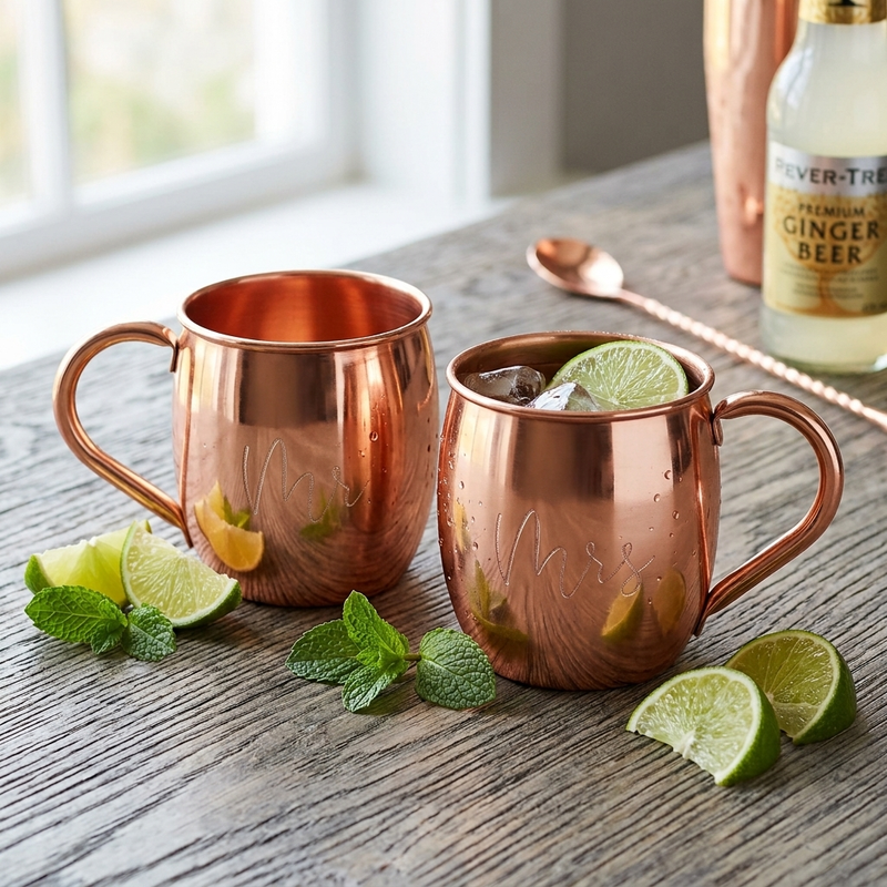 Two copper Moscow mule mugs with handles sit on a rustic wooden table with engraving of Mr and Mrs.