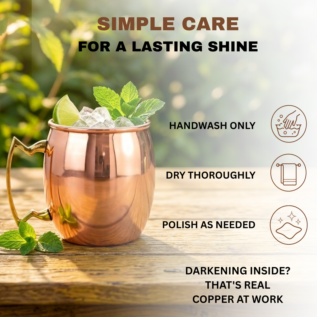 A copper Moscow mule mug with a gold-toned handle sits on a wooden surface outdoors, filled with ice, lime, and mint leaves. Text on the image reads 'SIMPLE CARE FOR A LASTING SHINE' with care instructions including 'HANDWASH ONLY,' 'DRY THOROUGHLY,' and 'POLISH AS NEEDED.