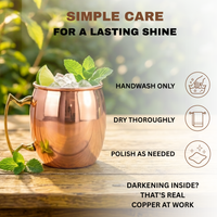 A copper Moscow mule mug with a gold-toned handle sits on a wooden surface outdoors, filled with ice, lime, and mint leaves. Text on the image reads 'SIMPLE CARE FOR A LASTING SHINE' with care instructions including 'HANDWASH ONLY,' 'DRY THOROUGHLY,' and 'POLISH AS NEEDED.