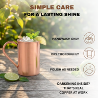 A copper Moscow mule mug filled with ice, mint, and lime on a wooden surface, with care instructions overlaid on a blurred garden background. Text reads: 'SIMPLE CARE FOR A LASTING SHINE' and lists handwash only, dry thoroughly, polish as needed, and notes darkening inside is real copper at work.