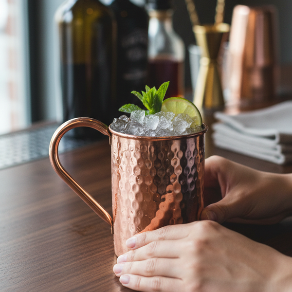 Hammered copper mug with a cocktail garnished with lime and mint, held by a hand on a wooden surface.